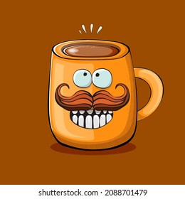 Vector cartoon coffee cup character with smiling faces isolated on brown background. Funky Kawaii orange coffee mug character. Good morning concept illustration 