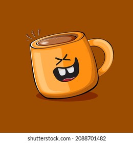 Vector cartoon coffee cup character with smiling faces isolated on brown background. Funky Kawaii orange coffee mug character. Good morning concept illustration 