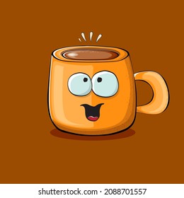 Vector cartoon coffee cup character with smiling faces isolated on brown background. Funky Kawaii orange coffee mug character. Good morning concept illustration 