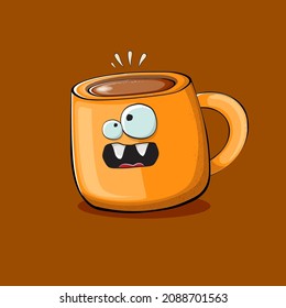 Vector cartoon coffee cup character with smiling faces isolated on brown background. Funky Kawaii orange coffee mug character. Good morning concept illustration 
