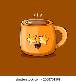 Vector cartoon coffee cup character with smiling faces isolated on brown background. Funky Kawaii orange coffee mug character. Good morning concept illustration 