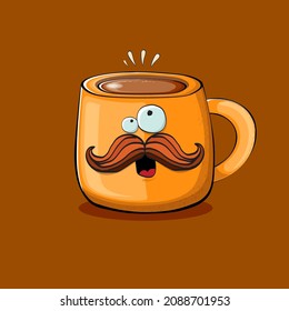 Vector cartoon coffee cup character with smiling faces isolated on brown background. Funky Kawaii orange coffee mug character. Good morning concept illustration 