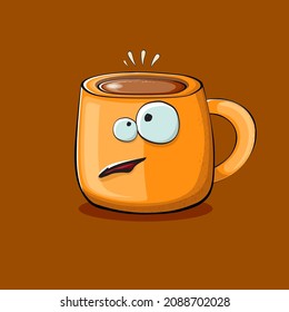 Vector cartoon coffee cup character with smiling faces isolated on brown background. Funky Kawaii orange coffee mug character. Good morning concept illustration 