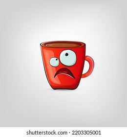 Vector cartoon coffee cup character with smiling face isolated on grey background. Funky Kawaii red coffee mug character. Good morning and coffee day concept illustration