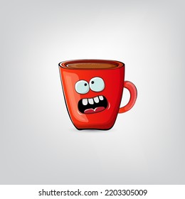 Vector cartoon coffee cup character with smiling face isolated on grey background. Funky Kawaii red coffee mug character. Good morning and coffee day concept illustration