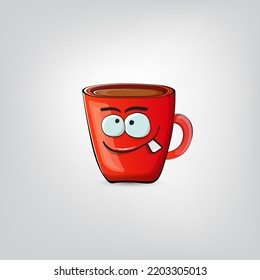 Vector cartoon coffee cup character with smiling face isolated on grey background. Funky Kawaii red coffee mug character. Good morning and coffee day concept illustration