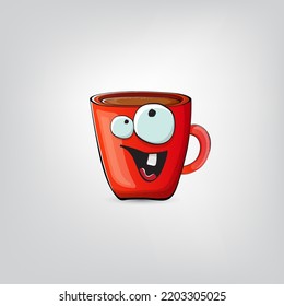Vector cartoon coffee cup character with smiling face isolated on grey background. Funky Kawaii red coffee mug character. Good morning and coffee day concept illustration