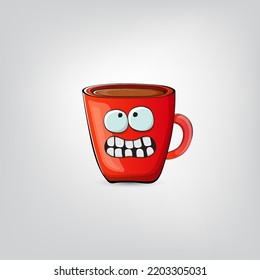 Vector cartoon coffee cup character with smiling face isolated on grey background. Funky Kawaii red coffee mug character. Good morning and coffee day concept illustration