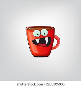 Vector cartoon coffee cup character with smiling face isolated on grey background. Funky Kawaii red coffee mug character. Good morning and coffee day concept illustration