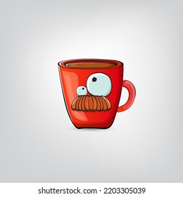 Vector cartoon coffee cup character with smiling face isolated on grey background. Funky Kawaii red coffee mug character. Good morning and coffee day concept illustration