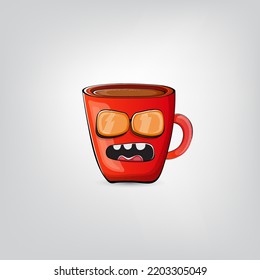 Vector cartoon coffee cup character with smiling face isolated on grey background. Funky Kawaii red coffee mug character. Good morning and coffee day concept illustration