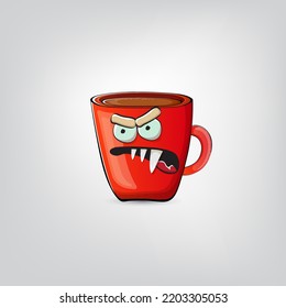 Vector cartoon coffee cup character with smiling face isolated on grey background. Funky Kawaii red coffee mug character. Good morning and coffee day concept illustration