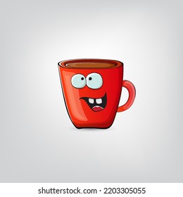 Vector cartoon coffee cup character with smiling face isolated on grey background. Funky Kawaii red coffee mug character. Good morning and coffee day concept illustration