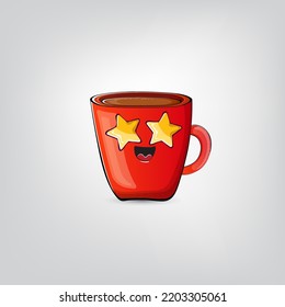 Vector cartoon coffee cup character with smiling face isolated on grey background. Funky Kawaii red coffee mug character. Good morning and coffee day concept illustration