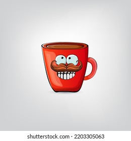 Vector cartoon coffee cup character with smiling face isolated on grey background. Funky Kawaii red coffee mug character. Good morning and coffee day concept illustration