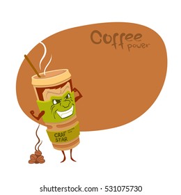 Vector cartoon coffee cup with strong hands and coffee beans. Isolated on white background.