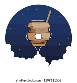 Vector cartoon coffee cup trying to fly to the space
