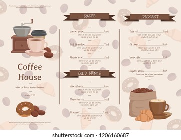 Vector cartoon coffee house menu template illustration. Hot beverage of set