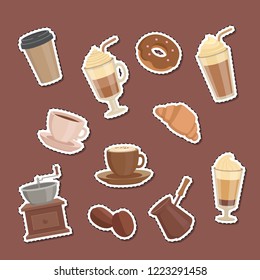 Vector cartoon coffee types stickers set illustration