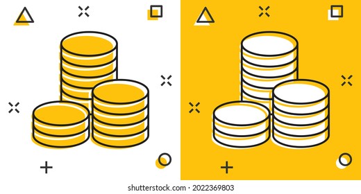 Vector cartoon coins stack icon in comic style. Money coin sign illustration pictogram. Currency money business splash effect concept.
