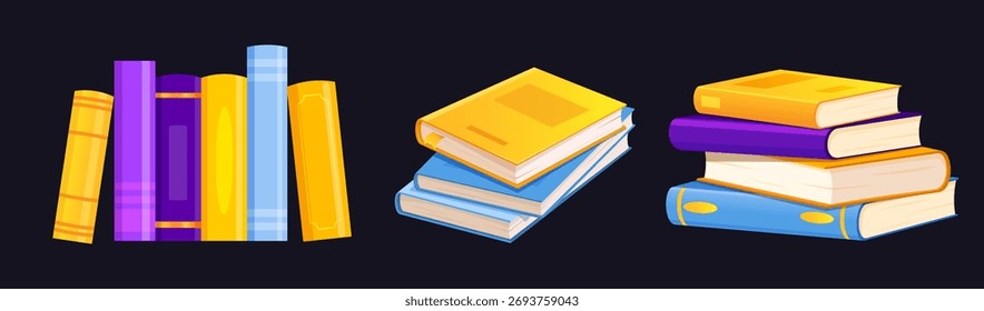 Vector cartoon collection with books in different colors isolated on dark purple background.
