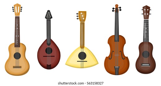 Vector cartoon collection with different type of guitars on the white background. Concept of music and musical instruments