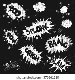 Vector cartoon Collection of doodle white grunge comic sound Effects on black background