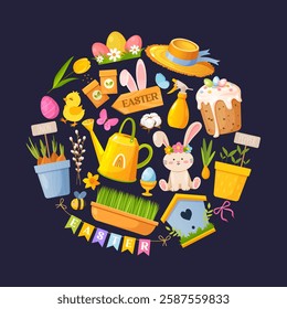 Vector cartoon collection of Easter elements in circle shape includes colorful painted eggs, Easter cake, seeds packet, cute bunny, chicken, spring flowers, birds feeder and another symbols