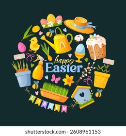 Vector cartoon collection of Easter elements in circle shape includes colorful painted eggs, Easter cake, seeds packet, cute chicken, spring flowers, birds feeder and another symbols.