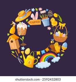 Vector cartoon collection of Easter symbols in circle shape includes colorful painted eggs, Easter cake, spring flowers, birds feeder, rainbow, watering can and another symbols 