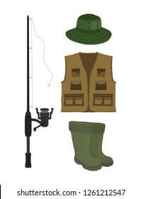 Vector cartoon collection for fishing. Fish-rod, rubber waterproof boots, waders and vest. Fisher, hunter clothes. Protective gumboot, hat and jacket isolated on white background.