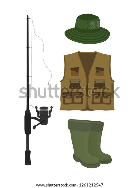 Vector cartoon\
collection for fishing. Fish-rod, rubber waterproof boots, waders\
and vest. Fisher, hunter clothes. Protective gumboot, hat and\
jacket isolated on white\
background.