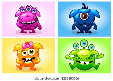 Vector cartoon collection four cute babies monsters, funny character set