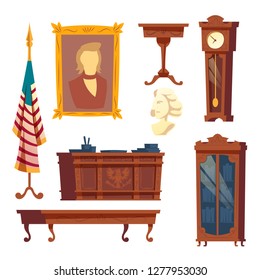 Vector cartoon collection of furniture from white house, oval office. Cabinet of a president of the united states of America. Wooden furniture, classic interior set isolated on white background.
