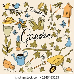 Vector cartoon collection of gardening tools and plants in flat style.  Garden work. Farming set. for postcards, stickers, textile