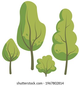 Vector cartoon collection green deciduous forest. Bushes at the edge of the forest. isolated on white background