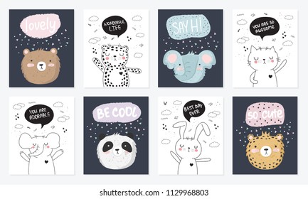 Vector cartoon collection of postcards with cute doodle animals with motivation lettering phrase. Perfect for poster, birthday, baby book, children room, anniversary