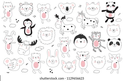 Vector cartoon collection of stickers with cute doodle animals and motivation lettering phrase. Perfect for poster, birthday, baby book, children room, anniversary, notebook