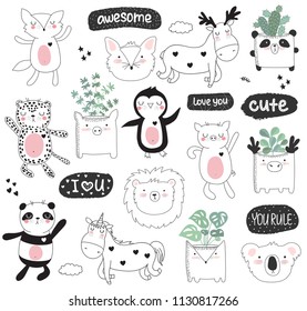 Vector cartoon collection of stickers with cute doodle animals and motivation lettering phrase. Perfect for poster, birthday, baby book, children room, anniversary, notebook