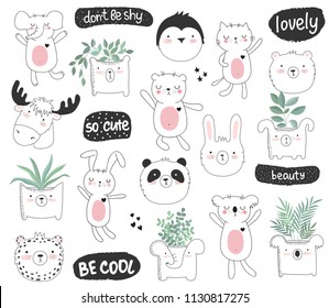 Vector cartoon collection of stickers with cute doodle animals and motivation lettering phrase. Perfect for poster, birthday, baby book, children room, anniversary, notebook