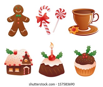 Vector cartoon collection of traditional yummy Christmas desserts, isolated on white background