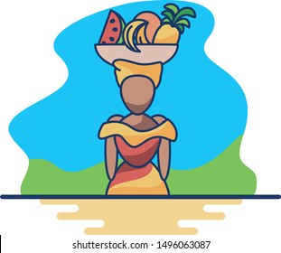 Vector Cartoon Colombian Woman With Fruits Isolated