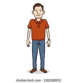 Vector Cartoon Color Character - Young Man in Jeans and Red Shirt. Casual Outfit.