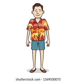 Vector Cartoon Color Character - Young Man in Colorful Hawaiian Shirt and Blue Shorts
