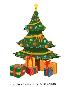 Vector cartoon color comic style isolated illustration of Christmas tree with gift present boxes