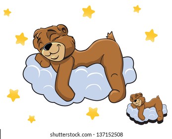 Vector cartoon color cute Teddy bear sleeping on a cloud, and the stars around