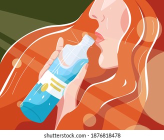 Vektorgrafik-farbige Illustration mit dem Konzept des Durstlöschens. Ein Teil des Gesichtes der Frau ist im Profil dargestellt, Hand, die eine Wasserflasche hält.