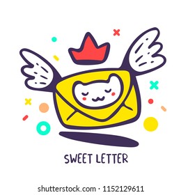 Vector cartoon color illustration of envepole with kitten face, wings, crown on white background. Hand drawn flat style design of letter for web, site, card