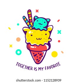 Vector cartoon color illustration of fruit ice cream in the form of kitten in a waffle horn with text on white background. Hand drawn flat style design of ice cream for web, site, card
