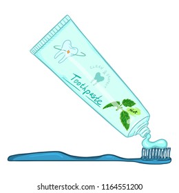 Vector Cartoon Color Illustration - Tube of Toothpaste with Toothbrush